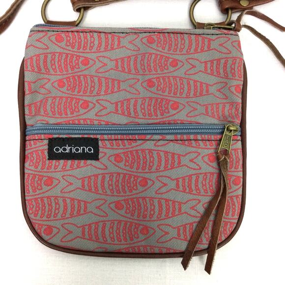 Adriana Fish Zippered Gray Red Screen Printed Fabric Crossbody - Picture 2 of 10